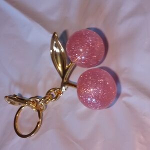 Pink Sparkling Cherry Keychain with Gold Leaves Gold Hardwar Pink Bag Charm